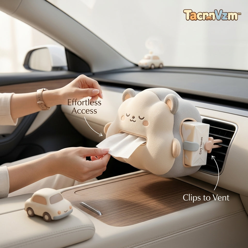 TacnnVzm™ Cozy Cloud Tissue Dispenser, Cute Bear Car Tissue Holder for Air Vent & Console, Soft-Touch Travel Tissue Box Cover, Easy-Reach Napkin Organizer for Car, SUV, Truck, Office Desk & Road Trips