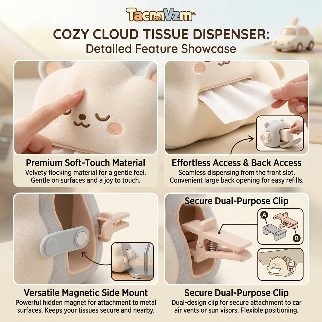 TacnnVzm™ Cozy Cloud Tissue Dispenser, Cute Bear Car Tissue Holder for Air Vent & Console, Soft-Touch Travel Tissue Box Cover, Easy-Reach Napkin Organizer for Car, SUV, Truck, Office Desk & Road Trips