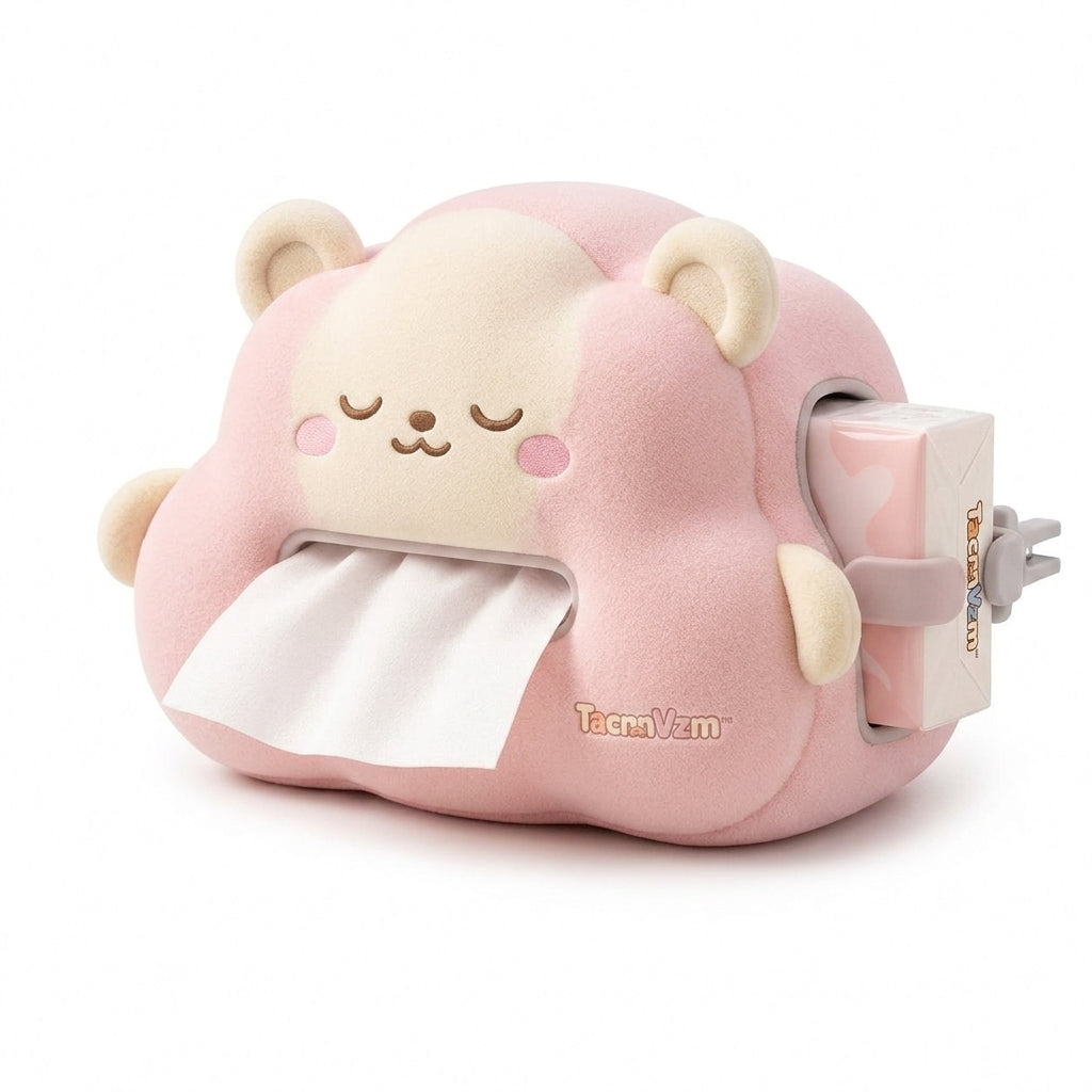 TacnnVzm™ Cozy Cloud Tissue Dispenser, Cute Bear Car Tissue Holder for Air Vent & Console, Soft-Touch Travel Tissue Box Cover, Easy-Reach Napkin Organizer for Car, SUV, Truck, Office Desk & Road Trips