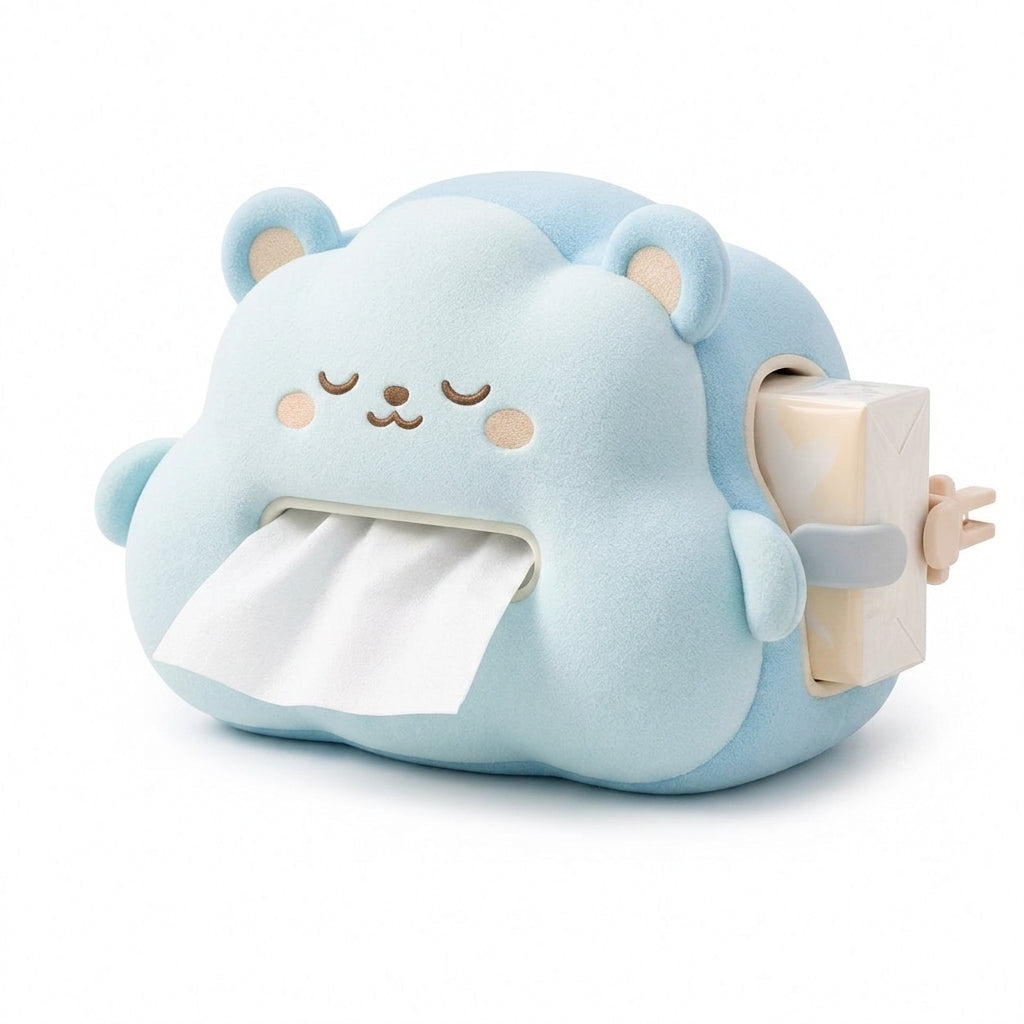 TacnnVzm™ Cozy Cloud Tissue Dispenser, Cute Bear Car Tissue Holder for Air Vent & Console, Soft-Touch Travel Tissue Box Cover, Easy-Reach Napkin Organizer for Car, SUV, Truck, Office Desk & Road Trips
