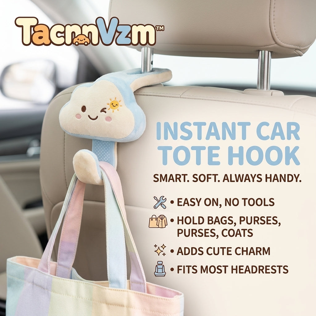 TacnnVzm™ Cute Plush Cloud Car Headrest Hook, Soft Car Tote Bag Holder, Back Seat Purse Hanger, Auto Seat Organizer Hook for Handbags, Grocery Bags, Coats, Lunch Bags & Everyday Carry Items