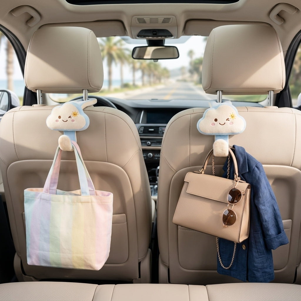 TacnnVzm™ Cute Plush Cloud Car Headrest Hook, Soft Car Tote Bag Holder, Back Seat Purse Hanger, Auto Seat Organizer Hook for Handbags, Grocery Bags, Coats, Lunch Bags & Everyday Carry Items
