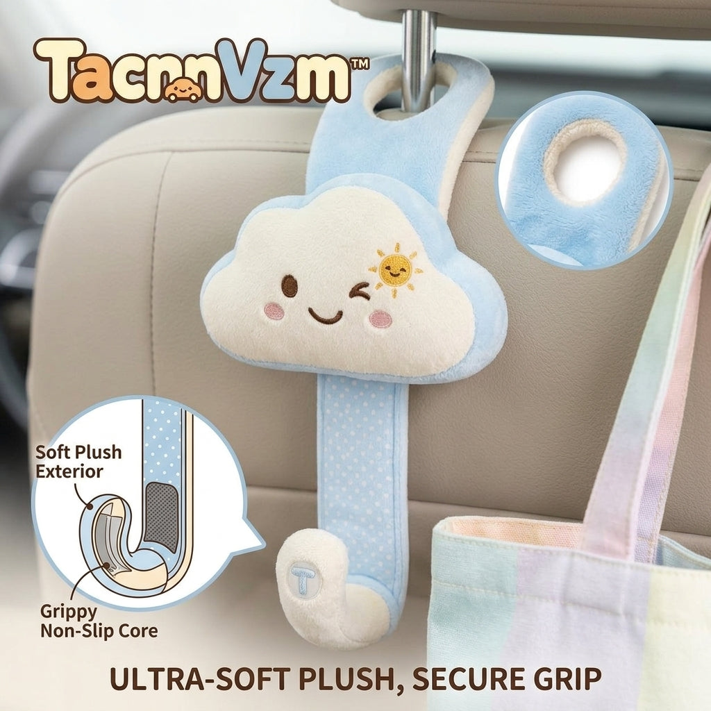 TacnnVzm™ Cute Plush Cloud Car Headrest Hook, Soft Car Tote Bag Holder, Back Seat Purse Hanger, Auto Seat Organizer Hook for Handbags, Grocery Bags, Coats, Lunch Bags & Everyday Carry Items