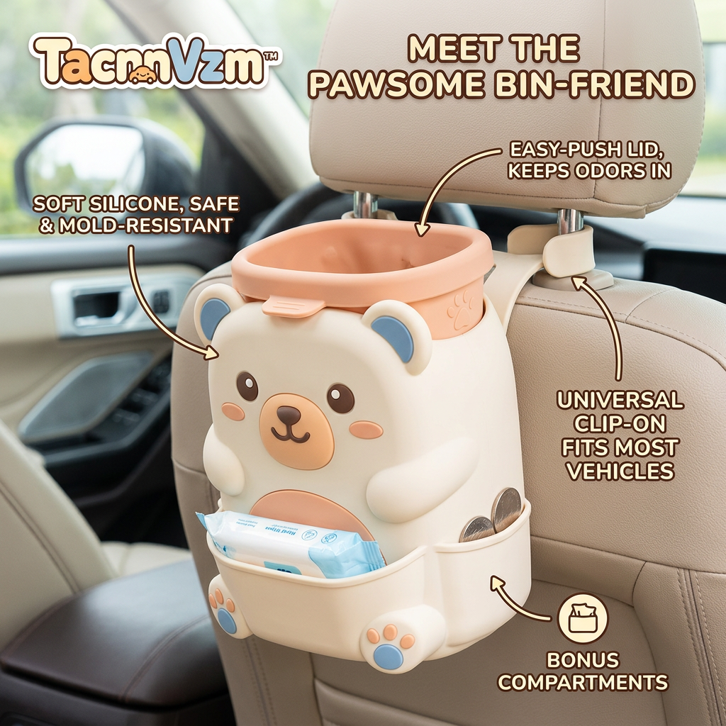 TacnnVzm™ Cute Bear Car Trash Can with Lid, Hanging Back Seat Garbage Bin, Soft Silicone Car Organizer, Clip-On Vehicle Wastebasket for Tissues, Wipes, Snack Wrappers & Travel Essentials