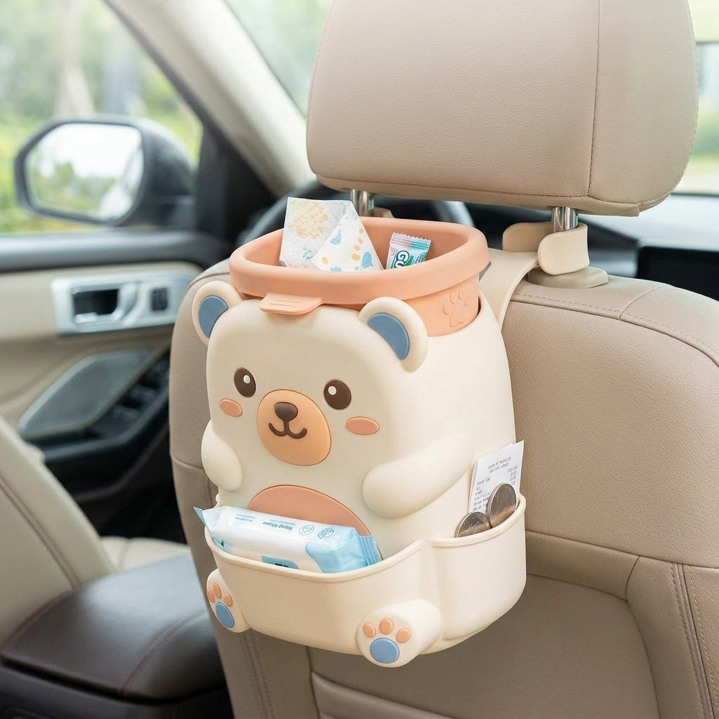 TacnnVzm™ Cute Bear Car Trash Can with Lid, Hanging Back Seat Garbage Bin, Soft Silicone Car Organizer, Clip-On Vehicle Wastebasket for Tissues, Wipes, Snack Wrappers & Travel Essentials