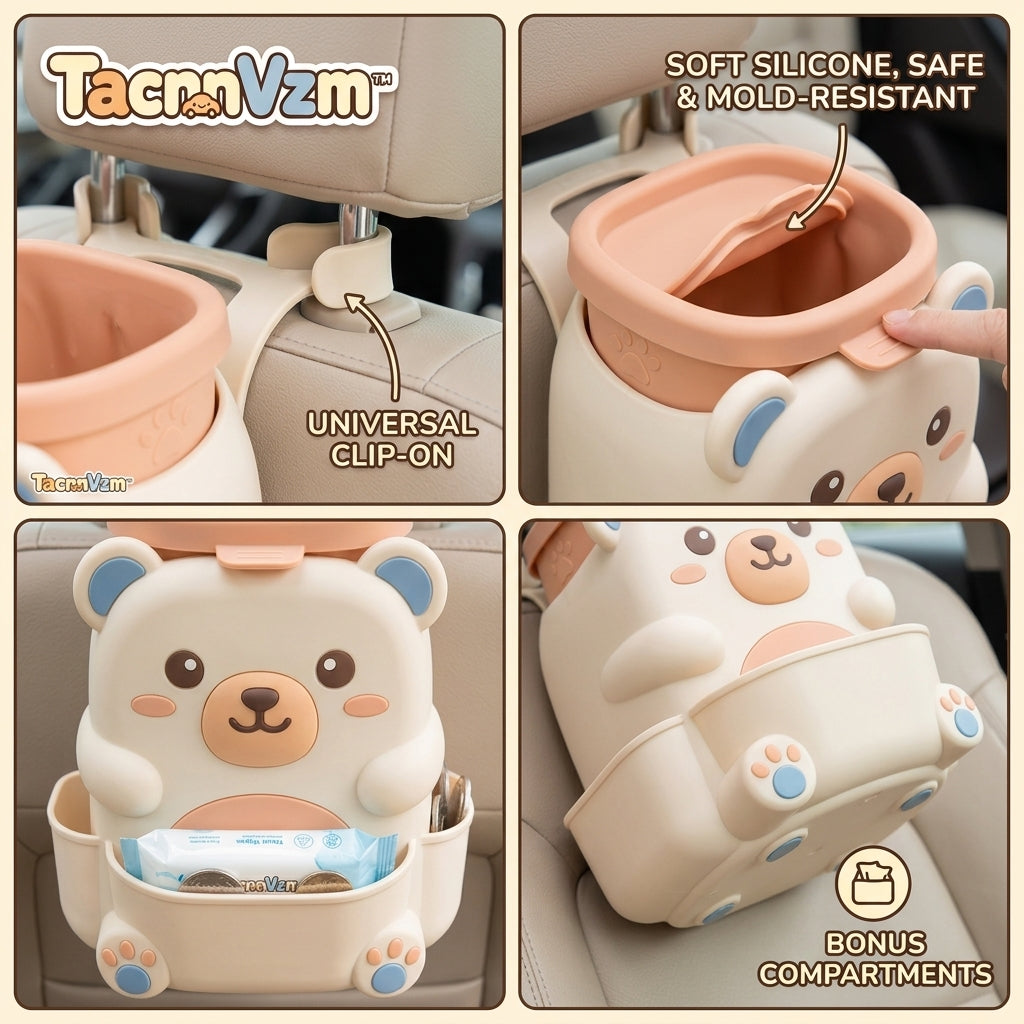 TacnnVzm™ Cute Bear Car Trash Can with Lid, Hanging Back Seat Garbage Bin, Soft Silicone Car Organizer, Clip-On Vehicle Wastebasket for Tissues, Wipes, Snack Wrappers & Travel Essentials
