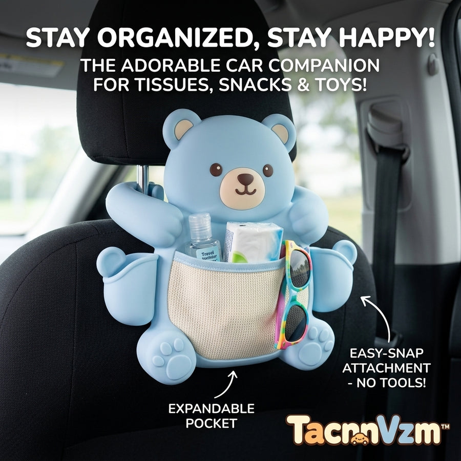 TacnnVzm™ Cute Bear Car Seat Organizer, Car Back Seat Storage Pocket, Kids Travel Organizer for Tissues, Snacks, Toys, Sunglasses & Small Essentials, Easy-Snap Car Seat Back Hanging Organizer