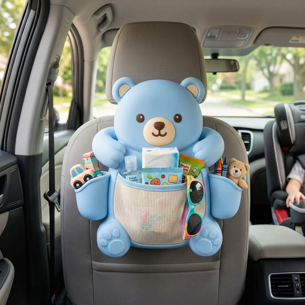 TacnnVzm™ Cute Bear Car Seat Organizer, Car Back Seat Storage Pocket, Kids Travel Organizer for Tissues, Snacks, Toys, Sunglasses & Small Essentials, Easy-Snap Car Seat Back Hanging Organizer
