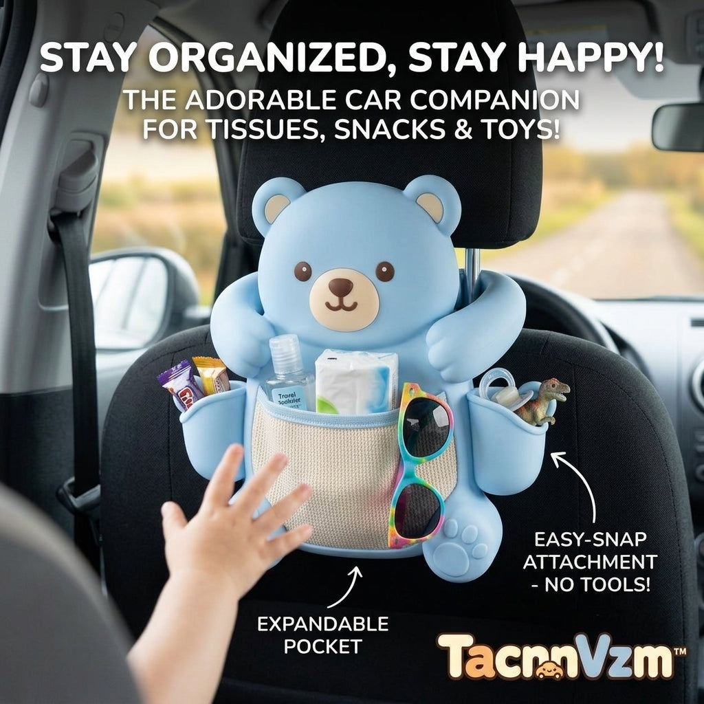 TacnnVzm™ Cute Bear Car Seat Organizer, Car Back Seat Storage Pocket, Kids Travel Organizer for Tissues, Snacks, Toys, Sunglasses & Small Essentials, Easy-Snap Car Seat Back Hanging Organizer