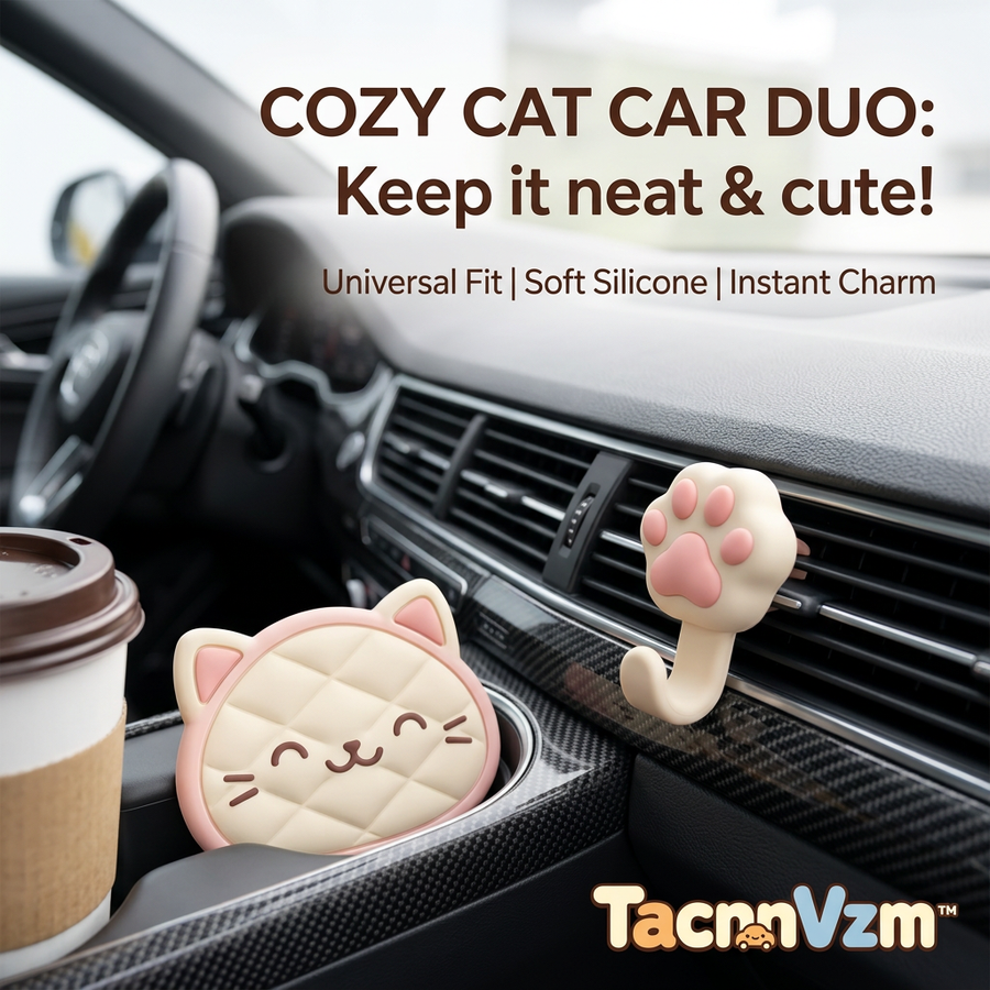 TacnnVzm™ Cozy Cat Car Duo - Cute Cat Cup Holder Insert & Paw Print Air Vent Hook, Soft Silicone Car Interior Accessories, Universal Fit Dashboard Decor, Kawaii Auto Charm for Women, Teens, Cat Lovers