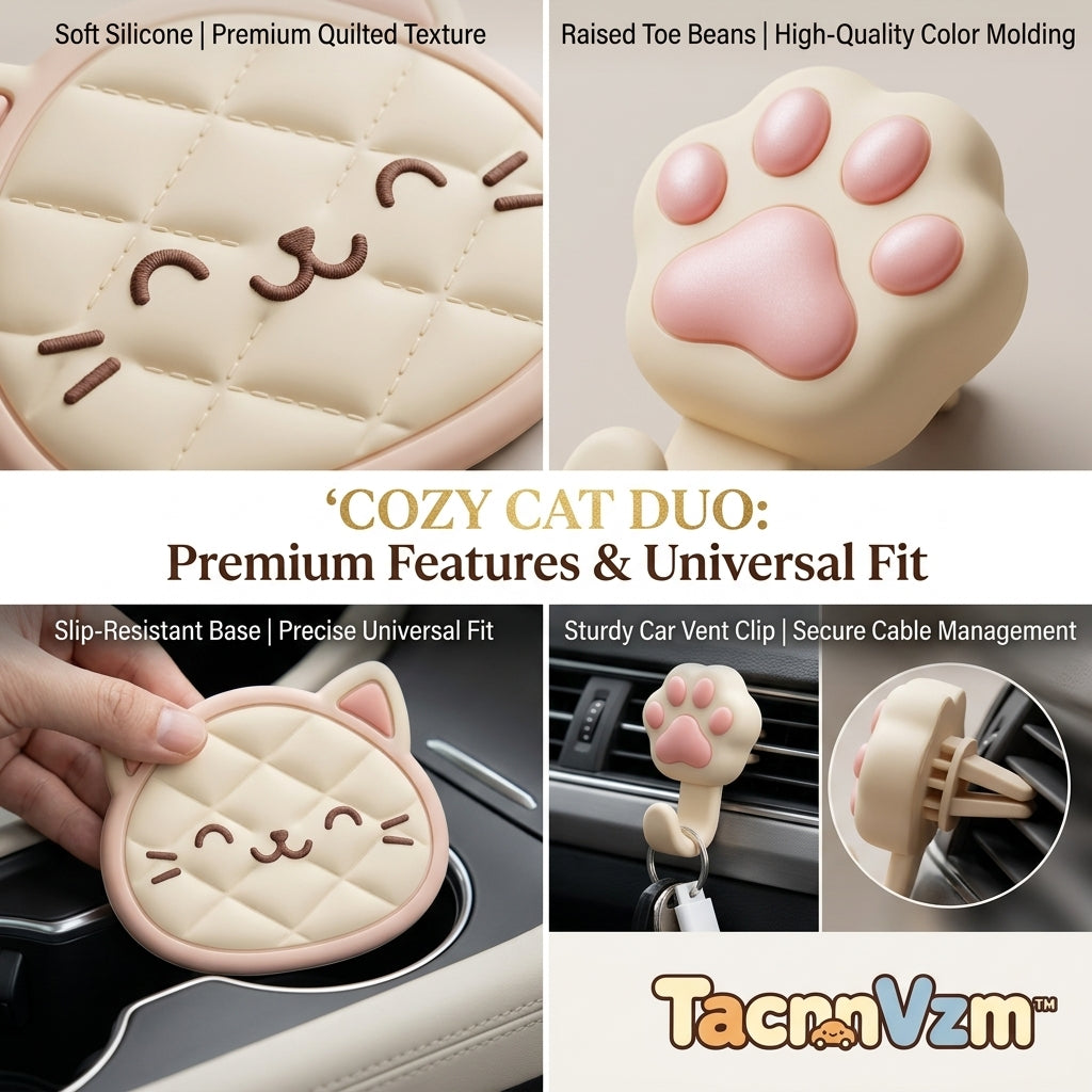 TacnnVzm™ Cozy Cat Car Duo - Cute Cat Cup Holder Insert & Paw Print Air Vent Hook, Soft Silicone Car Interior Accessories, Universal Fit Dashboard Decor, Kawaii Auto Charm for Women, Teens, Cat Lovers